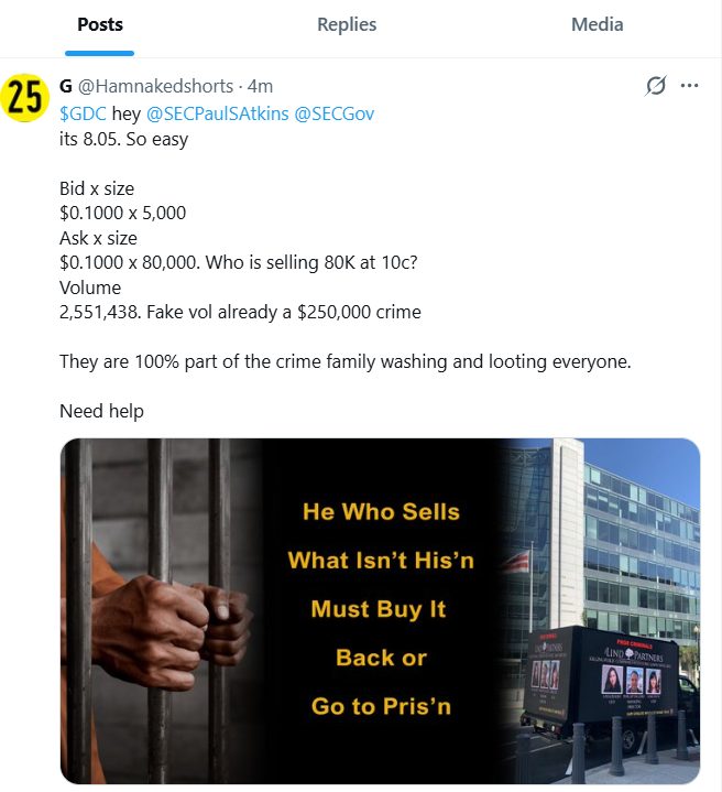 StRose1971's tweet photo. @Hamnakedshorts @SECPaulSAtkins @SECGov @SECPaulSAtkins Why are you criminally allowing brokerage firms to criminally LIE to their retail clients falsely posting on their trading platforms that GDC stock is HTB (Hard To Borrow)? 464 M shares of GDC stock have trading today. There is only 61M shares of GDC stock. https://t.co/voPGQ8iYXg