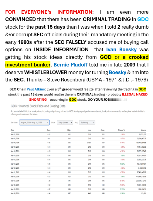 StRose1971's tweet photo. @DaveB350678 @SECGov @FINRA @NasdaqExchange @SECPaulSAtkins Why are you criminally allowing brokerage firms to criminally LIE to their retail clients falsely posting on their trading platforms that GDC stock is HTB (Hard To Borrow)? 464 M shares of GDC stock have trading today. There is only 61M shares of GDC stock. https://t.co/QblwVNAVa7