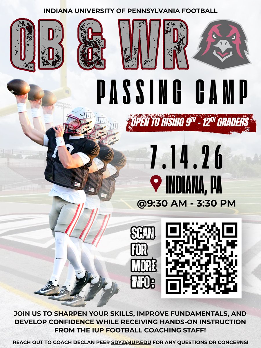 DeclanPeer's tweet photo. 🚨 QBs & WRs 🚨

Over 400+ high school prospects have already been on campus this summer, and our final specialty camp is almost here.

If you’re a quarterback or wide receiver looking to sharpen your skills, improve your technique, and compete against top talent, the IUP QB & WR Passing Camp is a must-attend event.

✅ Hands-on coaching from the IUP staff
✅ Skill development and position-specific instruction
✅ Competitive reps all day long
✅ Exposure to a championship program

📅 July 14, 2026
📍 Indiana, PA
⏰ 9:30 AM – 3:30 PM

Limited spots remain. Register now and secure your spot before it’s full.