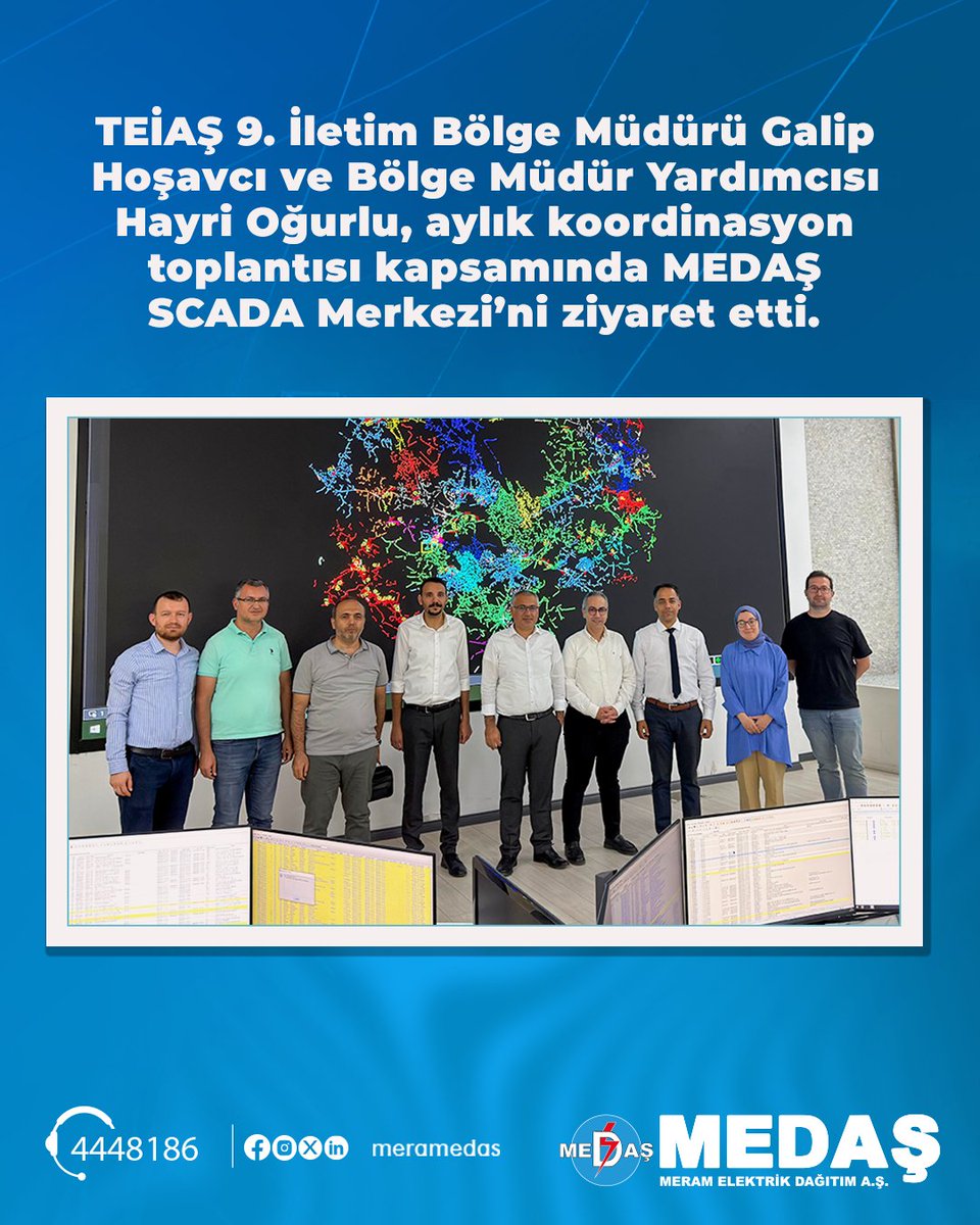 MERAMEDAS's tweet photo. Gerçekleştirilen toplantıda, MEDAŞ’ın şebeke yönetimi ve SCADA operasyonlarına ilişkin bilgilendirmeler paylaşılırken, sistem işletimine yönelik koordinasyon konuları değerlendirildi. Toplantıya MEDAŞ adına Sistem İşletme Müdürü Mert Bayer, Şebeke Yönetim Müdür Yardımcısı Hacı Osman Özkan ve Enerji Kalitesi Başmühendisi Sümeyra Uzun katılım sağladı. Elektrik şebekesinin güvenli, kesintisiz ve verimli işletilmesine yönelik iş birliğinin güçlendirilmesi amacıyla gerçekleştirilen toplantı, karşılıklı görüş alışverişiyle tamamlandı.