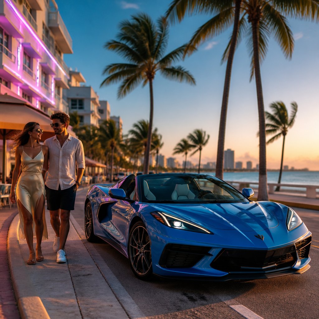 MiaConvertibles's tweet photo. Top down on Ocean Drive, neon sunset painting the sky—this is Miami by convertible. Rent a Corvette, Mustang or Jeep from Miami Convertibles Ready to cruise? https://t.co/nhROYYB6hE #MiamiVibes https://t.co/soxcTR2c5E
