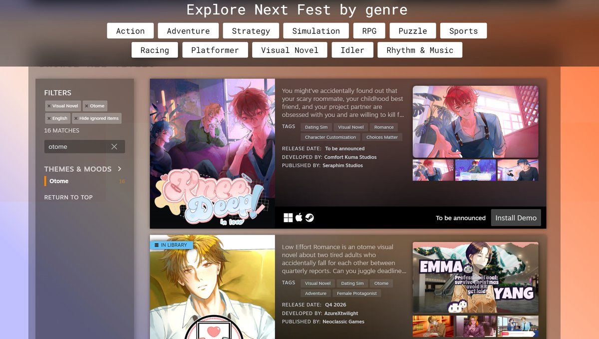 NeoclassicGames's tweet photo. WHAT??? 😭💘

Low Effort Romance is #2 in the #otome category during #SteamNextFest!

I genuinely can’t believe it 😱

Thank you so much to everyone playing the demo & especially all the amazing streamers & VTubers helping spread the word ♥️

This week has been absolutely surreal 🥳🥳