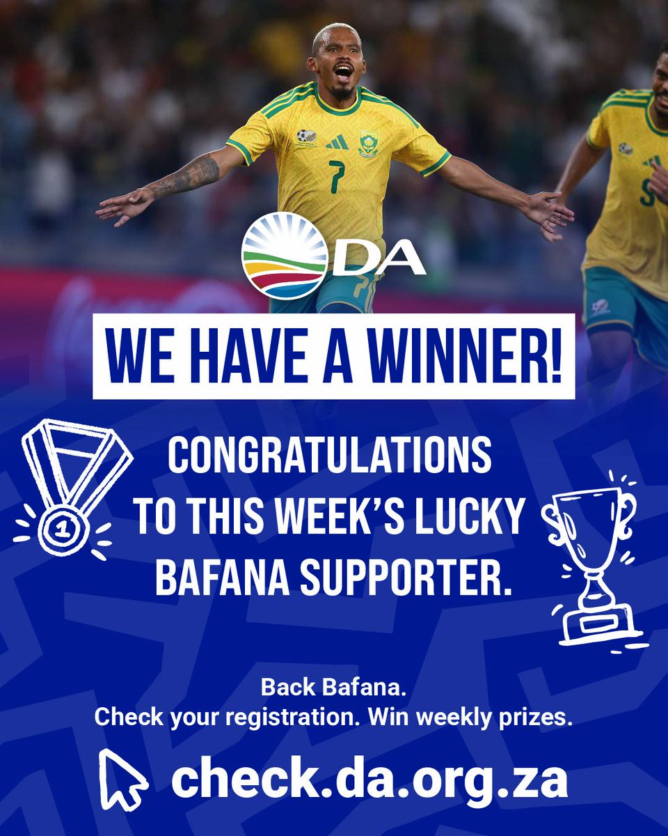 Our_DA's tweet photo. 🥅 GOOOAAAL! You've hit the back of the net! 🔥

💙 Congratulations to Kenneth Khumalo our 1st lucky winner of a Bafana Bafana Jersey! 🫯

You've scored the ultimate fan prize & are ready to back our boys as they chase FIFA World Cup glory. ⚽ 🏆 

The final whistle hasn't blown yet! The competition is still wide open, with new winners drawn every week.  You could be next!

📲 To enter:
1.Predict the score in the comments. ⚽

https://t.co/MVPSzY7aJa and share this post. 👍

3.Visit https://t.co/6dFb92QjQy or chat to us at https://t.co/jpeFtxOwqE to make sure you're correctly registered to vote. 🗳️