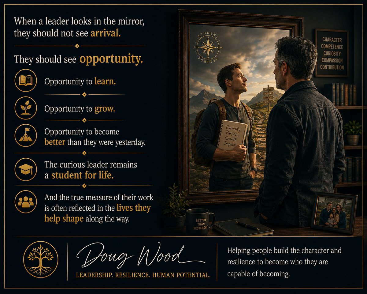 captdoug767's tweet photo. Many leadership positions celebrate achievement.
The true leader celebrates becoming.
This is a subtle but important distinction.
The authentic leader isn't looking into the mirror and seeing success.
They're looking into the mirror and seeing the next lesson. https://t.co/oWthn3D958