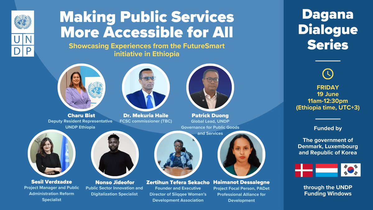 UNDP_Bhutan's tweet photo. From Ethiopia 🇪🇹 to Bhutan 🇧🇹 &amp; Thailand 🇹🇭 —what works in inclusive public service delivery?

This week’s #DaganaDialogueSeries spotlights Ethiopia’s reform journey, while connecting global experiences on accessibility &amp; people-centered services.

Join: https://t.co/jbkEJvj0mk https://t.co/ftsaKE81fb