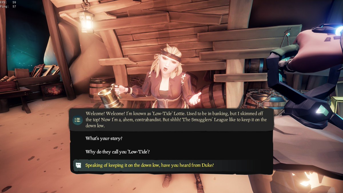 AncientIslesUni's tweet photo. Lore and mystery is back on the menu! Committed Smugglers can now talk to "Low-Tide" Lottie and ask her about the whereabouts of old pal Duke. However, he doesn't seem to be the subject at hand.

📸: @barbossa5038 

#SeaOfThieves @SeaOfThieves https://t.co/xims6p2lqq