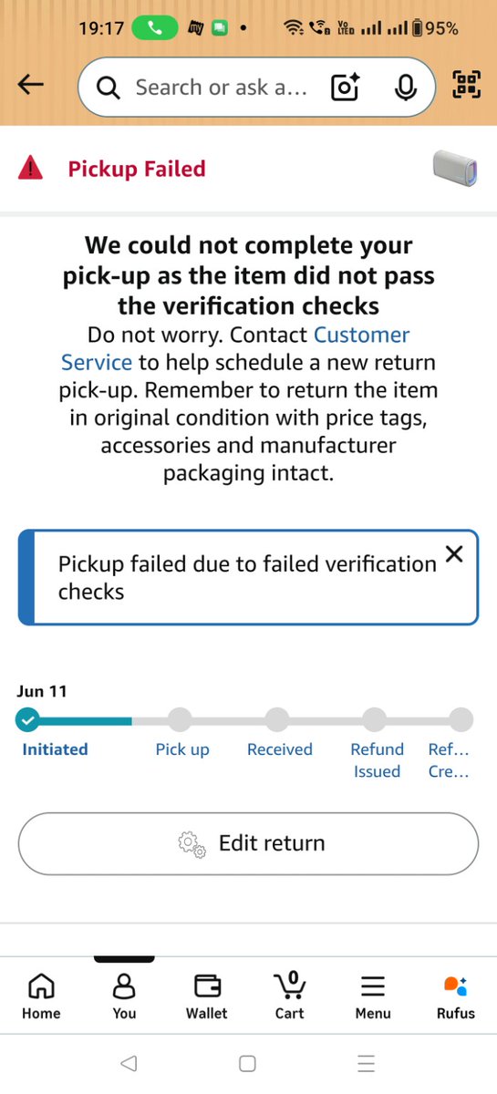 hailshaz's tweet photo. @AmazonIN @AmazonHelp
Order:40442679836685922
Return approved;no pickup attempted.Later marked "Pickup failed due to failed verification checks."Asked to wait until 18 June. On follow-up, no customer-facing reason given for rejecting my approved return. Return window ends 21 Jun. https://t.co/kgosAuVHcH