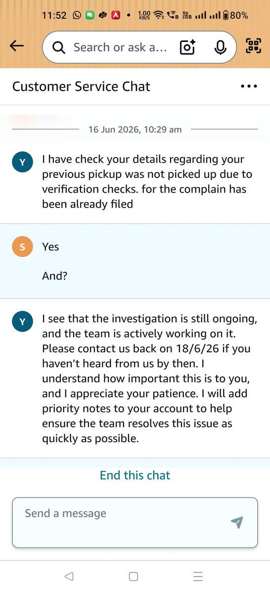 hailshaz's tweet photo. @AmazonIN @AmazonHelp
Order:40442679836685922
Return approved;no pickup attempted.Later marked "Pickup failed due to failed verification checks."Asked to wait until 18 June. On follow-up, no customer-facing reason given for rejecting my approved return. Return window ends 21 Jun. https://t.co/kgosAuVHcH
