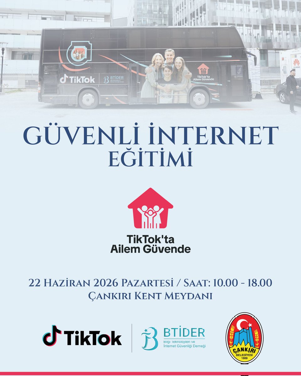 BtiDerResmi's tweet photo. 📱 Dijital dünyada daha bilinçli ve güvenli bir deneyim için buluşuyoruz!

TikTok’ta Ailem Güvende Eğitim Ekibi, 22 Haziran’da 10.00-18.00 saatleri arasında Çankırı Kent Meydanı’nda sizlerle olacak. 🎉

Sizi ve sevdiklerinizi bekliyoruz! 💙

#TikToktaAilemGüvende https://t.co/2CxUTfH1wT