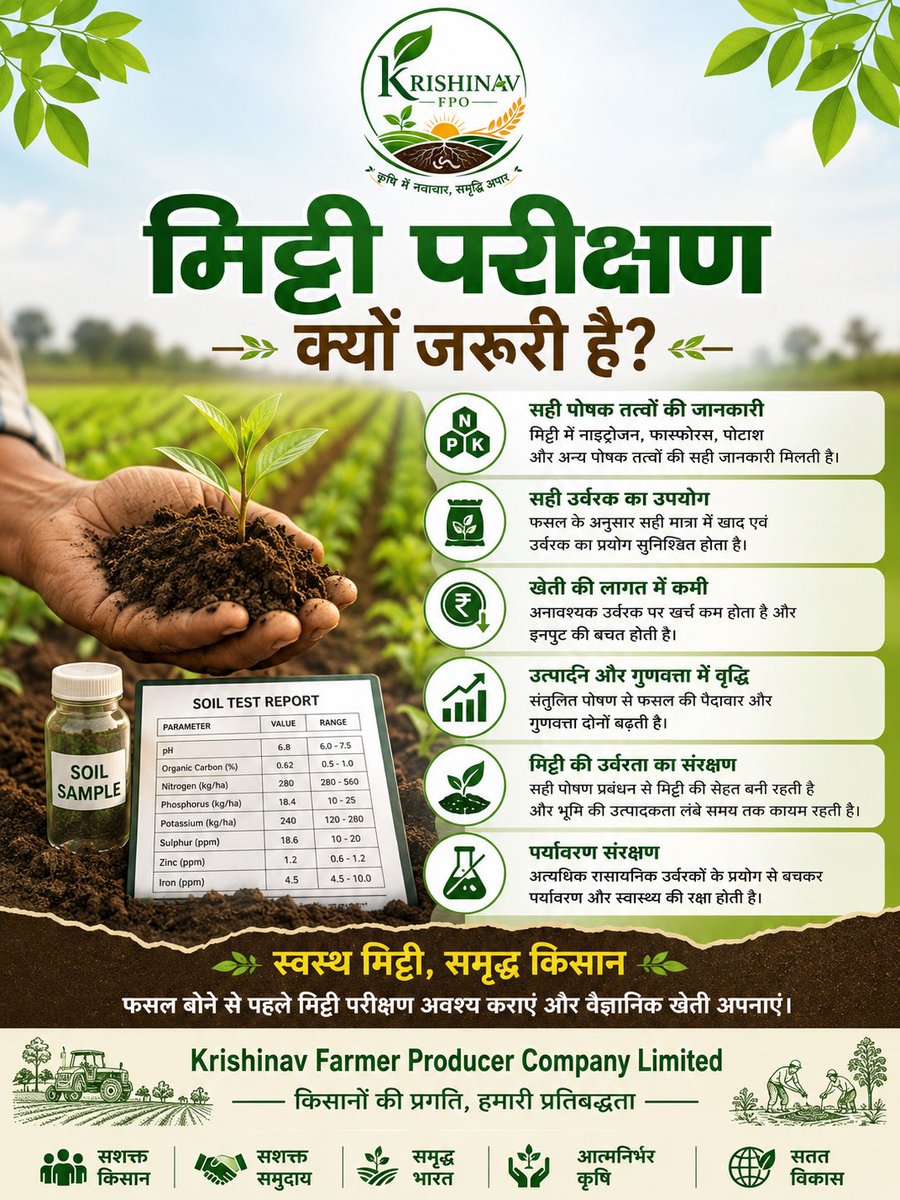 krishinavfpo's tweet photo. 🌱 मिट्टी की जांच आज, बेहतर फसल कल! 🌾
मिट्टी परीक्षण से जानें अपनी भूमि की वास्तविक स्थिति और अपनाएं वैज्ञानिक खेती।
🧪 स्वस्थ मिट्टी = समृद्ध किसान
@AgriGoI @Agribih @icarindia @sfacindia
#KrishinavFPO #SoilTesting #MittiParikshan #Kisan #Agriculture #SmartFarming https://t.co/Xydab9qMwK