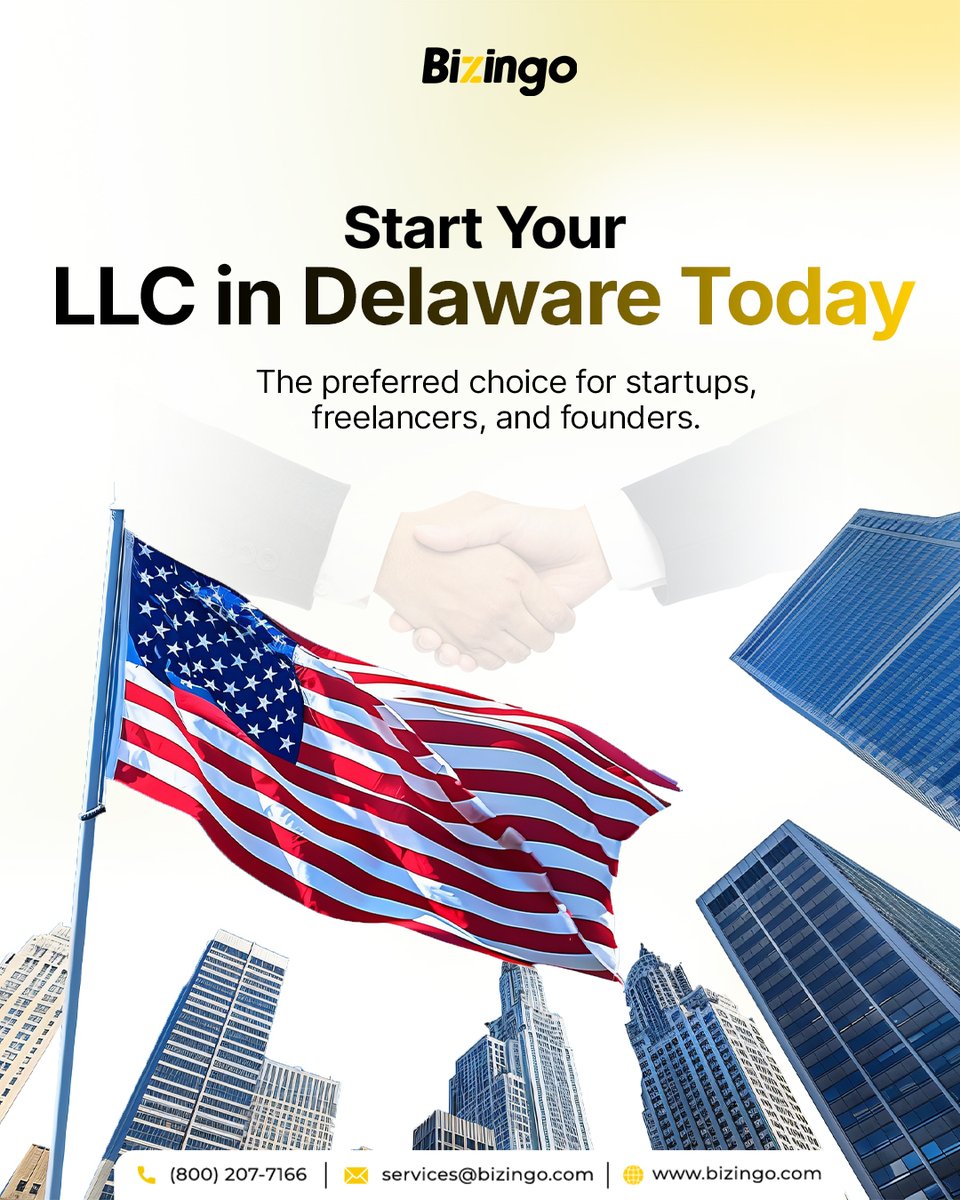 bizingo's tweet photo. Thousands of entrepreneurs choose #Delaware to launch their U.S. businesses.
With Bizingo, #CompanyFormation, registrations, and compliance are handled for you — making the process simple and stress-free.
Start your LLC in Delaware today and build beyond borders. 🇺🇸 https://t.co/Lwrjshs9Dh
