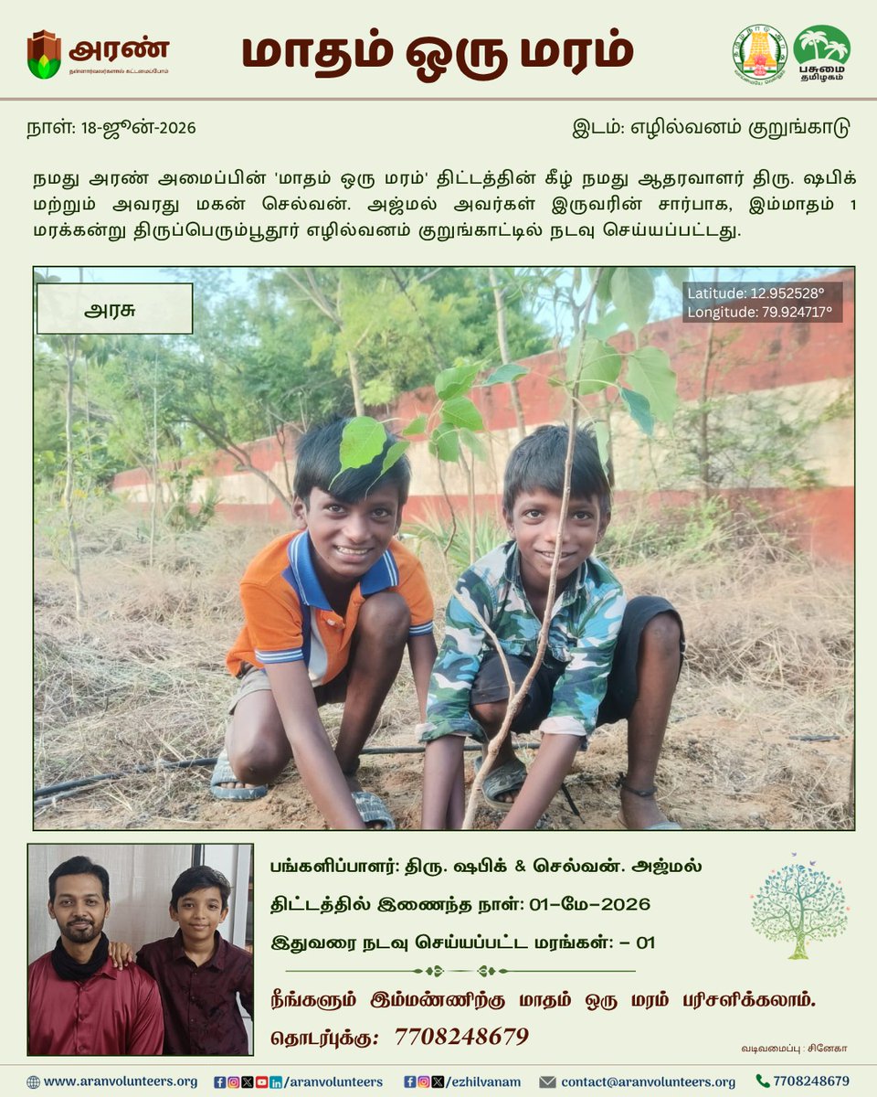 ezhilvanam's tweet photo. 🌴 மாதம் ஒரு மரம் – #281
18-ஜூன்-2026

நீங்களும் உங்கள் பெயரிலோ அல்லது உங்கள் அன்புக்குரியவரின் பெயரிலோ ‘மாதம் ஒரு மரம்’ திட்டத்தில் இணைந்து நம் மண்ணிற்குப்   பசுமையைப் பரிசளிக்க விரும்பினால் 
☎️ அழைக்கவும்: 7708248679

#ARAN #Sriperumbudur #Ezhilvanam #GiftATree #MaadhamOruMaram https://t.co/roQM2qz7PV