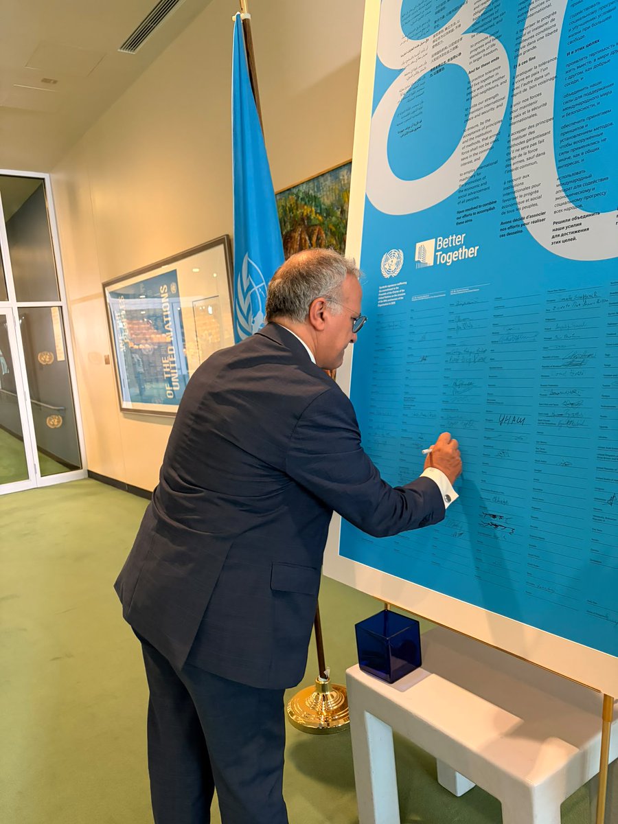 ItalyUN_NY's tweet photo. Today Italy's PR Amb. @margiodi signed the "#UN80 Charter" in a symbolic gesture to reaffirm 🇮🇹 commitment to the purposes and principles of the #UNCharter.

"Hope for the future", he replied when asked what he believes the 🇺🇳 Charter represents for future generations.

#BetterTogether #UN80 #ItalyUN #HopeForTheFuture
