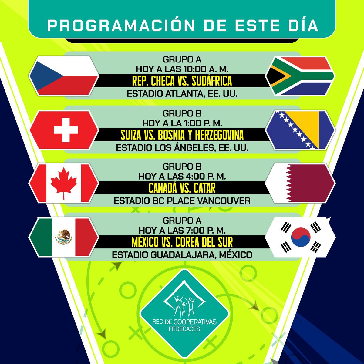 NacionDigital_'s tweet photo. #Mundial2026| ⚽️Programación de este día en la Copa Mundial 2026.

La actividad continúa este día con cuatro emocionantes encuentros correspondientes a los grupos A y B:

🔹 10:00 a. m. | Grupo A República Checa 🆚 Sudáfrica 📍 Estadio Atlanta, Estados Unidos
🔹 1:00 p. m. | Grupo B Suiza 🆚 Bosnia y Herzegovina 📍 Estadio Los Ángeles, Estados Unidos
🔹 4:00 p. m. | Grupo B Canadá 🆚 Catar 📍 BC Place, Vancouver
🔹 7:00 p. m. | Grupo A México 🆚 Corea del Sur 📍 Estadio Guadalajara, México

¿Cuál partido esperas con más emoción? ⚽