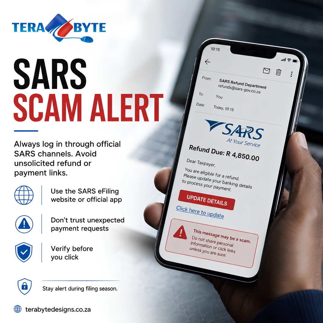 terabytedesigns's tweet photo. Cyber Security Training for employees: https://t.co/T0Gmam51PD 🔐

SARS scam alerts are a reminder that one fake message can look real enough to fool anyone. 
https://t.co/QTtHooVDHI https://t.co/DpnhOnteUq