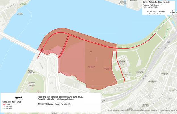usparkpolicepio's tweet photo. Road closures start next week for July 4 fireworks setup at Anacostia Park. 
https://t.co/LXUfxkn9RB https://t.co/No6qNoIgCW
