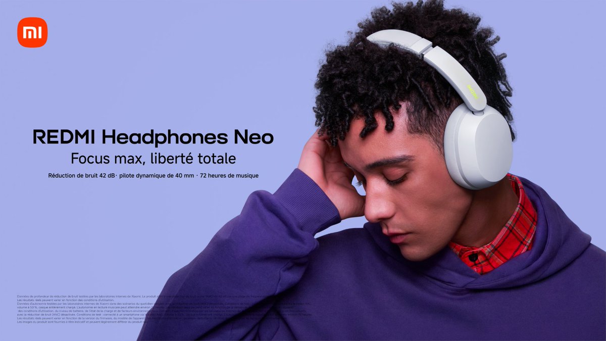 XiaomiFrance's tweet photo. Que ce soit dans les transports, au bureau ou en voyage, le nouveau #REDMIHeadphonesNeo est votre meilleure bulle. Sa réduction de bruit performante de 42 dB filtre les nuisances sonores pour vous laisser seul avec votre musique 🎧
Et avec 72 heures d'autonomie, votre playlist préférée ne s'arrête jamais.

Le plaisir d'écouter sans interruption, à 59,99€ 👉 https://t.co/Y4HWGLgiSv