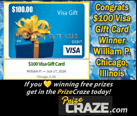 Prize_Craze's tweet photo. 🎁Congrats, $100 Visa Gift Card #Winner William P. of Chicago, Illinois — June 17, 2026!🏆

If you 💝LOVE #winning FREE PRIZES...
👇
Get in the PrizeCraze today: https://t.co/x0JA8PI4Rc https://t.co/b6unO2uzZH