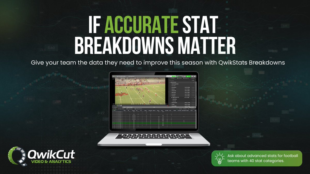 QwikCutSports's tweet photo. 📽️ Film tells the story.
📈 Stats reveal the trends.

QwikStats Breakdowns combine both with 40+ football stat categories designed to help coaches prepare smarter and win more.  Sign up for a demo today at https://t.co/SXFsCPpIFW

#QwikCut #FootballStats #CoachingTools #SportsAnalytics #HighSchoolFootball