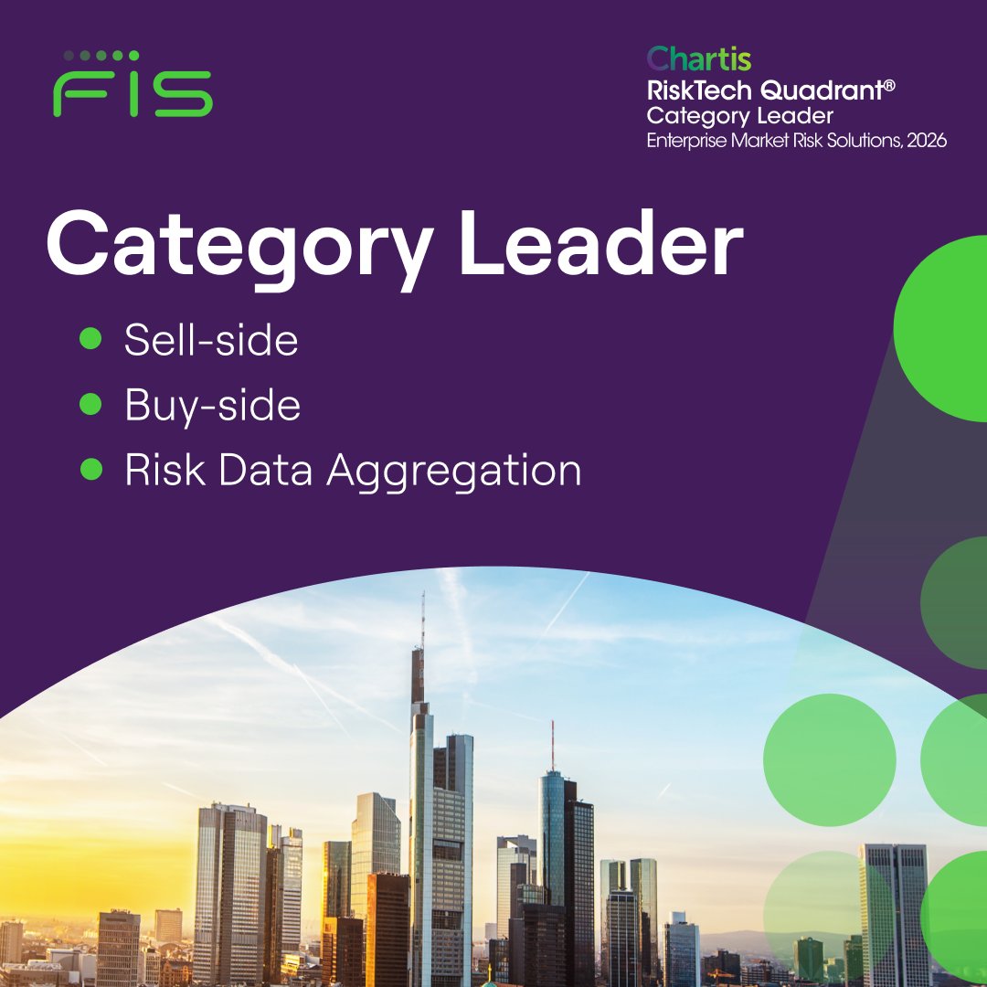 FISGlobal's tweet photo. FIS has earned Category Leader status across sell-side, buy-side, and risk data aggregation in @ChartisRsch's 2026 Enterprise Market Risk Quadrant Update.

Read more: https://t.co/3cXaeBXt4N https://t.co/MDOBrcXHGS