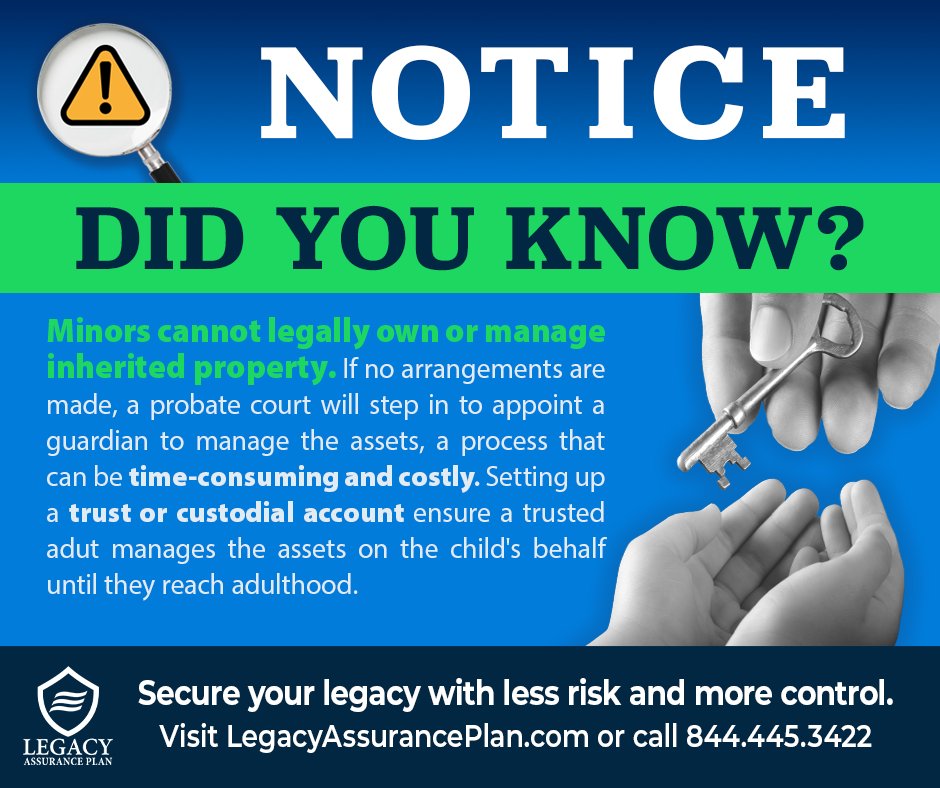 AssurancePlan's tweet photo. Did you know minors can't legally control inherited property? Without proper planning, a probate court decides who manages their assets. 

Learn how to protect your child's inheritance. https://t.co/qWF3KIMUt6
#EstatePlanning #LegacyAssurancePlan https://t.co/EjyQltcr7g