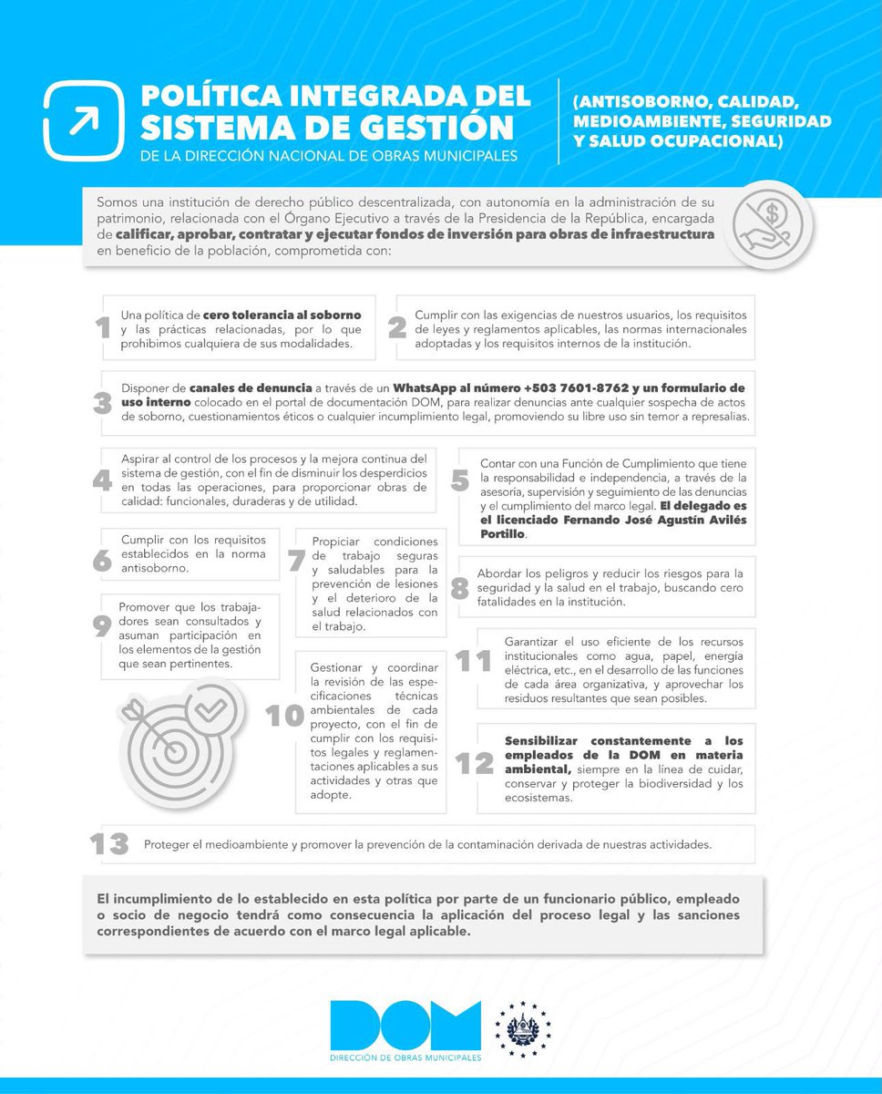 ObraMunicipal's tweet photo. 🏗️ Construimos con calidad y gestionamos con integridad. Cada acción y decisión está orientada al beneficio de la población salvadoreña. 🇸🇻
#DOM https://t.co/aiux6biseR