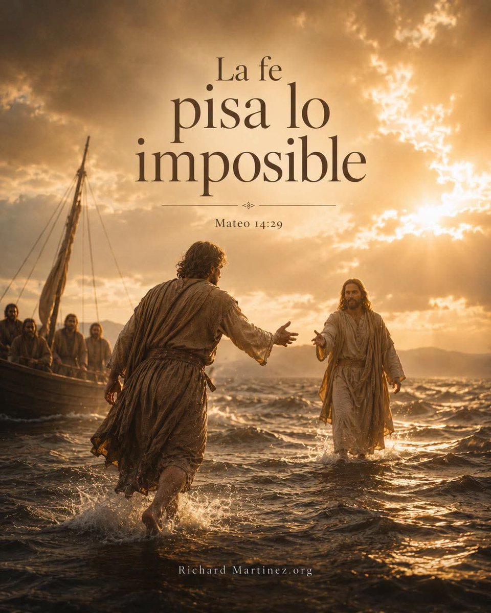 cantanterichard's tweet photo. “Y descendiendo Pedro de la barca, andaba sobre las aguas para ir a Jesús.”
Mateo 14:29

Había viento, había olas, había temor. La noche no ofrecía seguridad, y el mar parecía recordarle a los discípulos lo frágil que puede sentirse el corazón humano cuando todo se mueve a su alrededor. Pero en medio de aquella tormenta, apareció Jesús, caminando sobre aquello que para otros era imposible dominar.

Pedro lo vio, y algo dentro de él ardió más fuerte que el miedo. No fue la lógica lo que lo hizo levantarse, ni la certeza de que todo saldría perfecto. Fue la fe. Esa fe que tiembla, pero avanza. Esa fe que no entiende del todo, pero obedece la voz del Maestro.

Entonces salió de la barca. Dejó atrás la aparente seguridad de la madera para poner sus pies sobre el poder de la palabra de Cristo. Y por un instante glorioso, Pedro caminó sobre el mar, no porque fuera fuerte, sino porque sus ojos estaban puestos en Jesús.

Qué hermosa verdad: la fe pisa donde la razón se detiene. La fe se atreve a dar pasos sobre aguas profundas cuando sabe que delante va el Señor. No se sostiene por la ausencia del viento, sino por la presencia de Aquel que llama.

Pero cuando Pedro miró la tormenta más que a Cristo, comenzó a hundirse. Así somos muchas veces nosotros: empezamos bien, damos el paso, creemos… hasta que el ruido del problema nos distrae. Y aun así, la gracia de Jesús no se aparta. Cuando Pedro clamó, el Señor extendió su mano.

Esa mano sigue extendida hoy. Si sientes que el miedo te gana, si las olas golpean tu paz, si el panorama parece demasiado grande para ti, recuerda que Jesús sigue caminando sobre lo imposible. Y todavía sigue diciendo: “Ven”.

No dejes que la tormenta te robe el milagro de obedecer. Hay mares que no se abren, porque hay momentos en los que Dios no te pide esperar la orilla, sino caminar sobre el agua confiando en Él. Porque cuando Jesús te llama, hasta lo imposible se convierte en camino.

Hoy, que tu corazón recuerde esta verdad: la fe pisa lo imposible cuando la mirada permanece en Cristo.
#motivationalquotes #motivationalquote #RichardMartinez