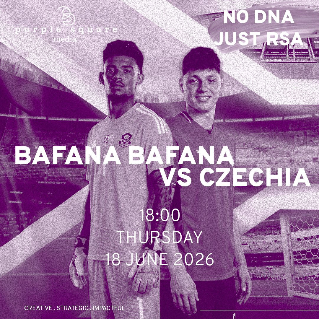 PurpleSquareSA's tweet photo. 🇿🇦 MATCHDAY!
Bafana Bafana take on Czechia tonight at 18:00. ⚽🔥
90 minutes.
One nation.
One dream.
What's your score prediction? 👇
#BafanaBafana #SouthAfrica #WorldCup2026 #MatchDay #Football https://t.co/bQknmmO5Qa