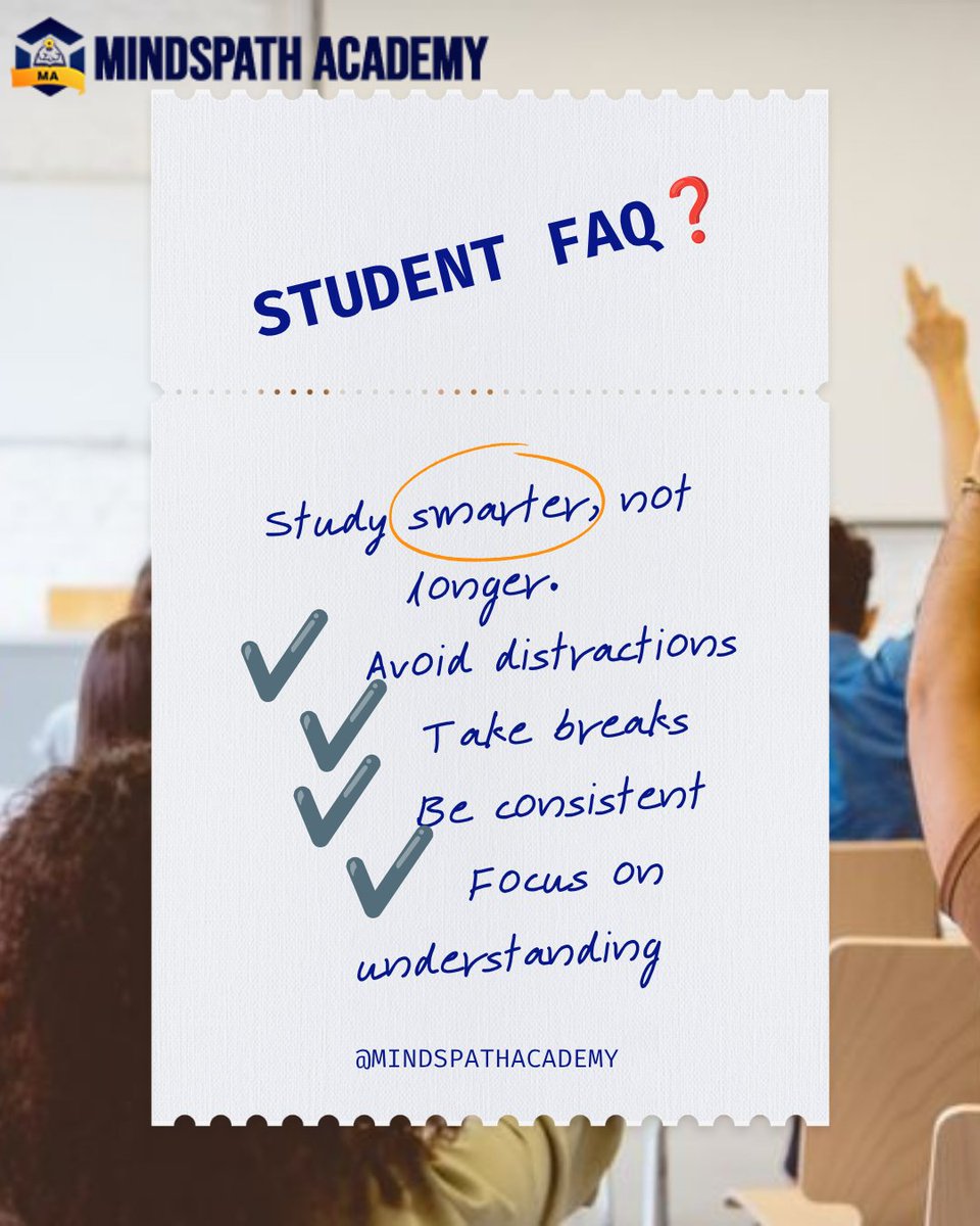 MindspathAcad's tweet photo. ❓ Student FAQ:

"How many hours should I study daily?"

✔️ High School: 1–3 hours
✔️ University: 2–4 hours

Quality matters more than quantity.

Consistency beats cramming. 💙

Got a question? Ask below!

#MindspathAcademy #StudyTips https://t.co/RyMAcfTMw2