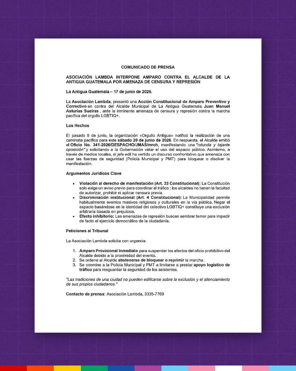 ObservatorioLam's tweet photo. Desde Asociación LAMBDA hemos interpuesto formalmente el recurso legal de amparo en contra de las autoridades municipales de Antigua GT.

El derecho a la manifestación  y el uso legítimo del espacio público no están sujetos a los prejuicios de ninguna autoridad @JuanMaAsturias https://t.co/QIynsMkMFn