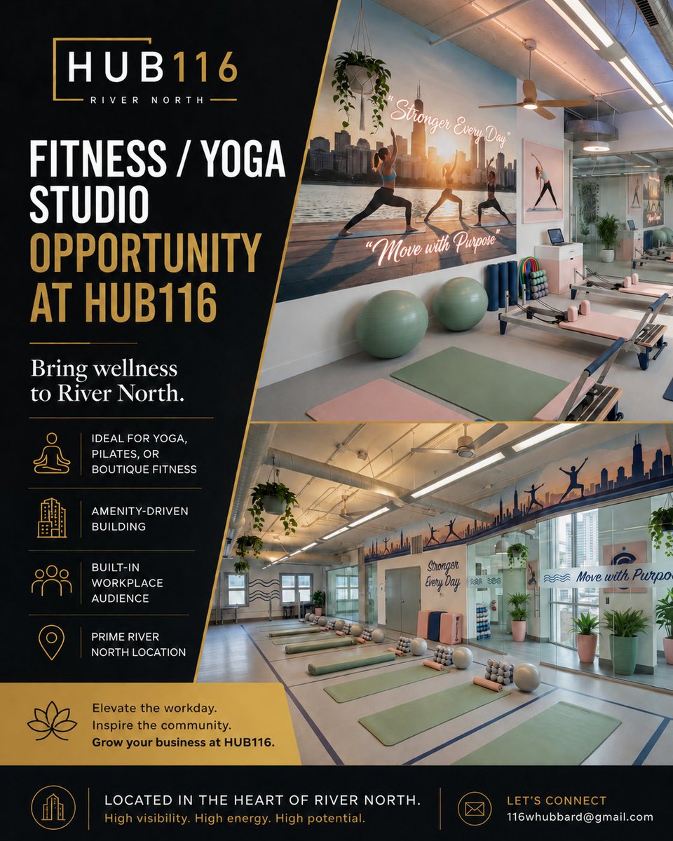 116whubbard's tweet photo. Wellness has a place in the workplace.

At HUB116, we see real potential for a fitness or yoga studio that brings something new to River North. With strong visibility, built-in tenant traffic, and a location in the heart of the neighborhood, HUB116 could be the perfect home for a boutique wellness concept.

Interested in bringing your studio to HUB116?
Reach out to us at: 116whubbard@gmail.com

#HUB116 #RiverNorth #ChicagoCommercialRealEstate #YogaStudio #FitnessStudio #BoutiqueFitness #WellnessSpace #ChicagoOfficeSpace #RetailOpportunity