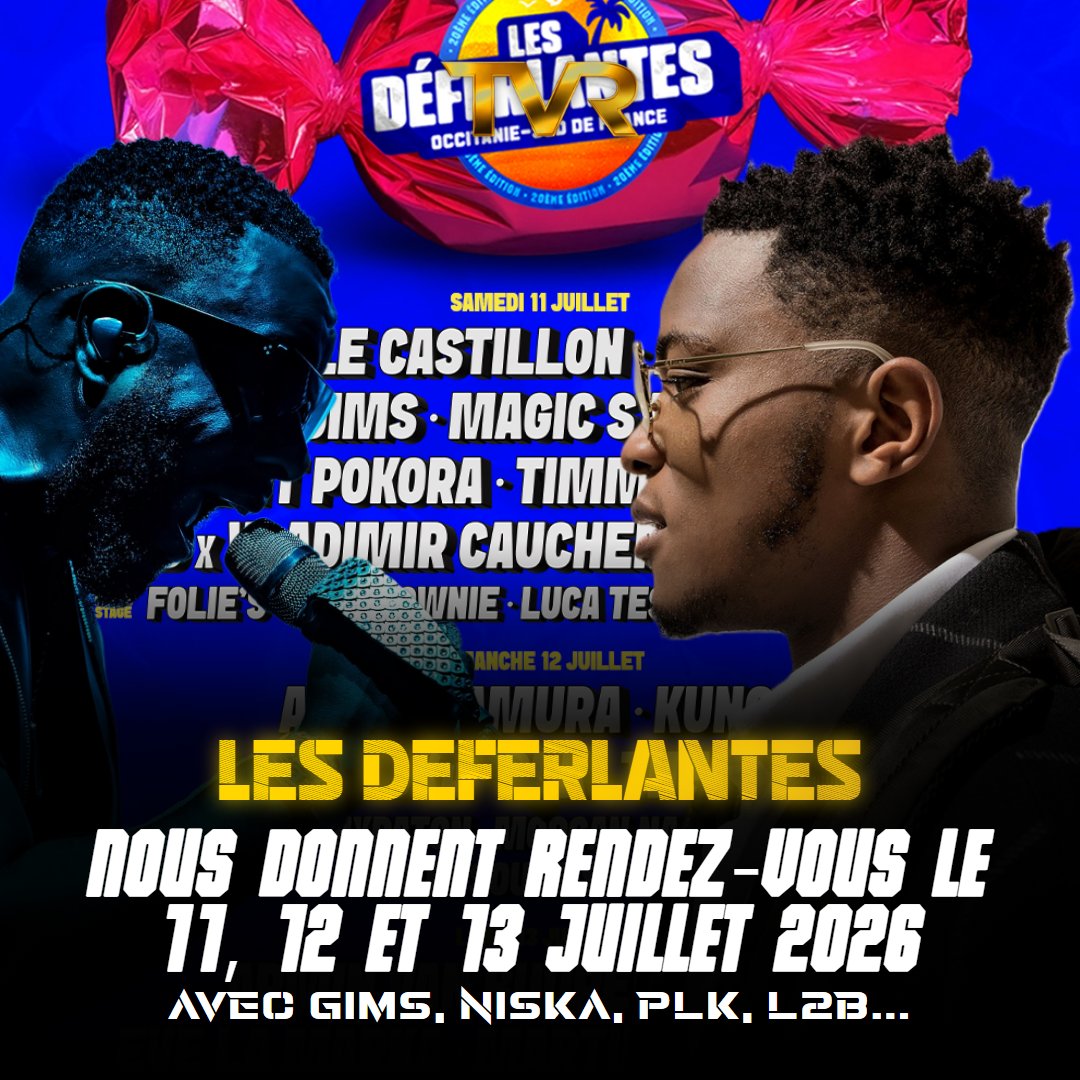 tv_rap_officiel's tweet photo. Les Déferlantes sont de retour 🌊🔥
Rendez-vous les 11, 12 et 13 juillet 2026 pour une nouvelle édition qui s’annonce marquante 🎶 Avec GIMS, NISKA, PLK, L2B et bien d’autres à l’affiche, l’attente monte déjà chez les festivaliers ☀️🙌
#gims #niska #plk #rapfr #tvr https://t.co/HVeBpWuSwr