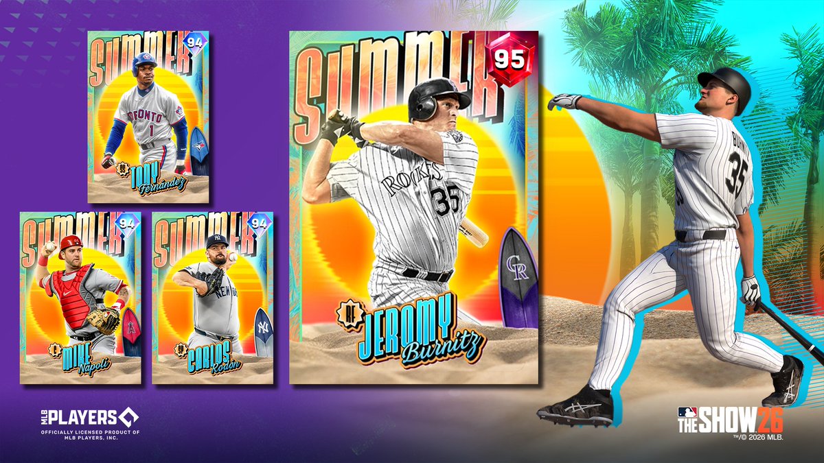 MLBTheShow's tweet photo. ☀️ Tony Fernández
☀️ Carlos Rodón
☀️ Mike Napoli
😎 Jeromy Burnitz

Turn up the heat, become the Summer Mini Seasons champ, and add all these Summer Series players to your squad! 🏆 https://t.co/yXlvk1ea7b
