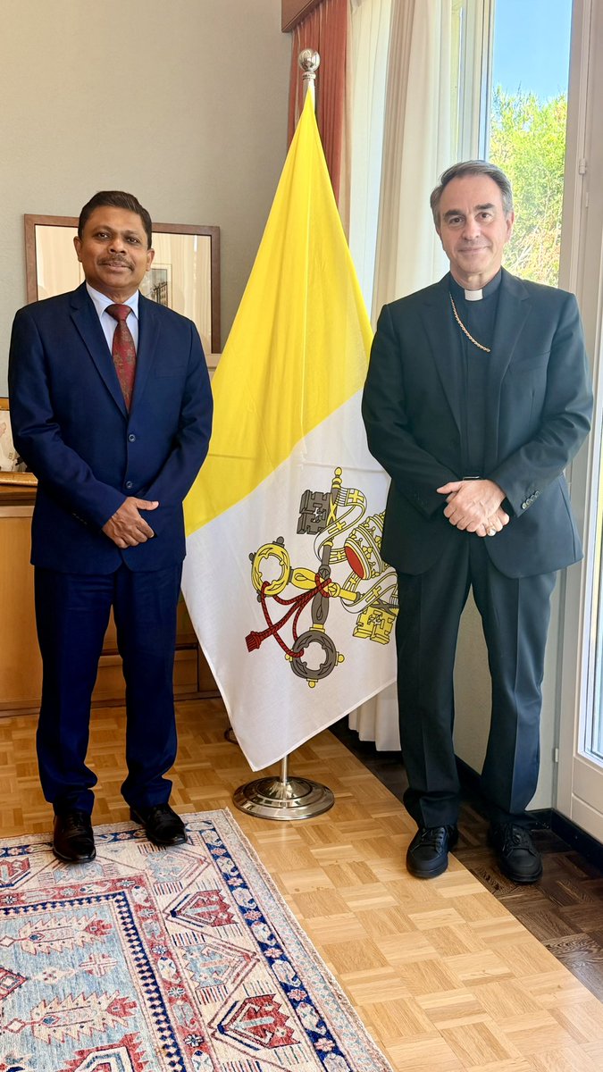 SLUNGeneva's tweet photo. Ambassador &amp; Permanent Representative @SumithDasanyake met Archbishop Ettore BALESTRERO, Apostolic Nuncio &amp;
Permanent Observer of the Holy See to the UN in Geneva and discussed bilateral &amp; multilateral areas of mutual interest on 18 June 2026 @HolySeeGeneva 
#Diplomacy_Lk 🇱🇰🤝🇻🇦 https://t.co/PSEn51ov27