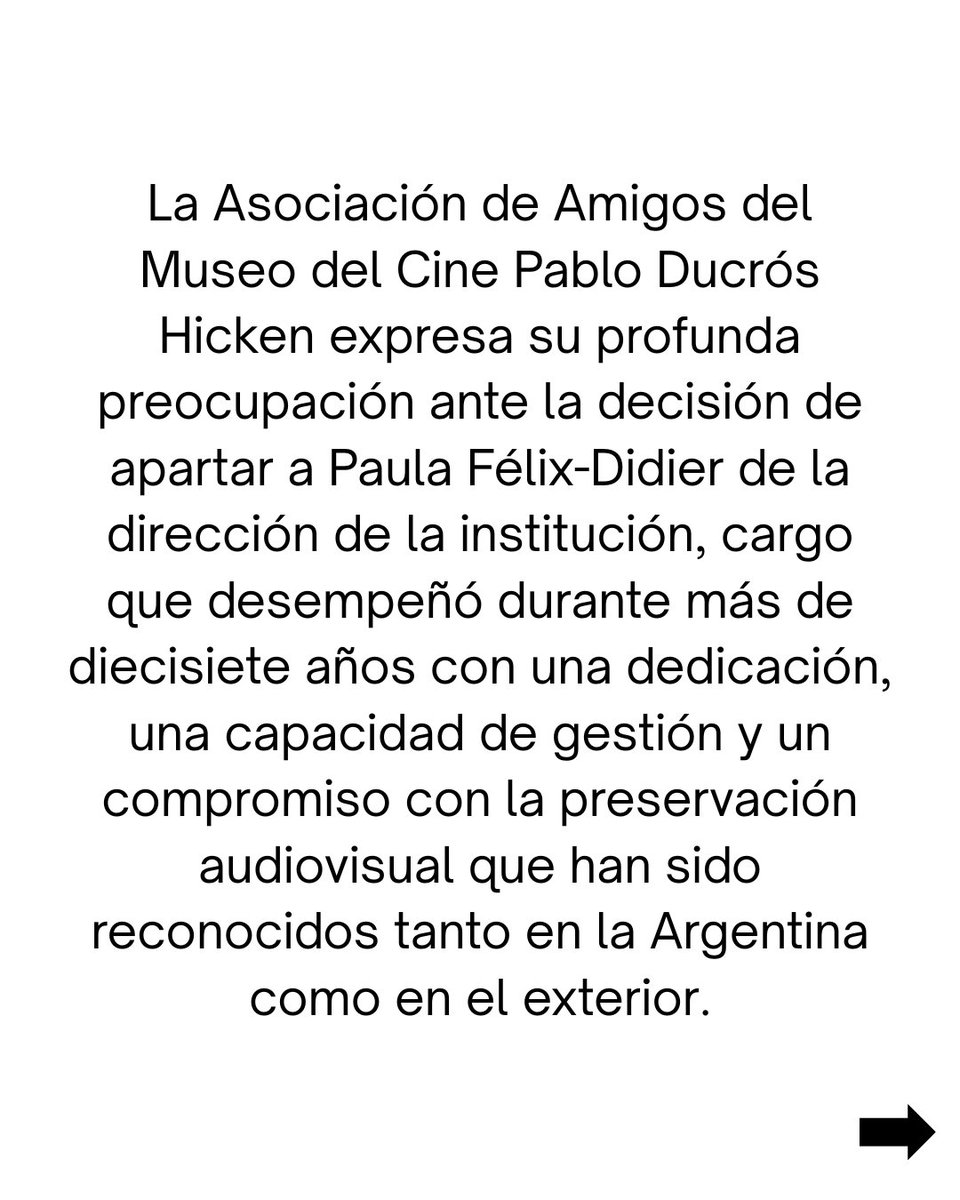 lllgranero's tweet photo. Comparto el comunicado de la Asociación de Amigos del Museo del Cine sobre la situación actual de la institución y la preocupación en torno a la decisión de apartar a Paula Félix-Didier de la dirección https://t.co/EWWVK9iD0l