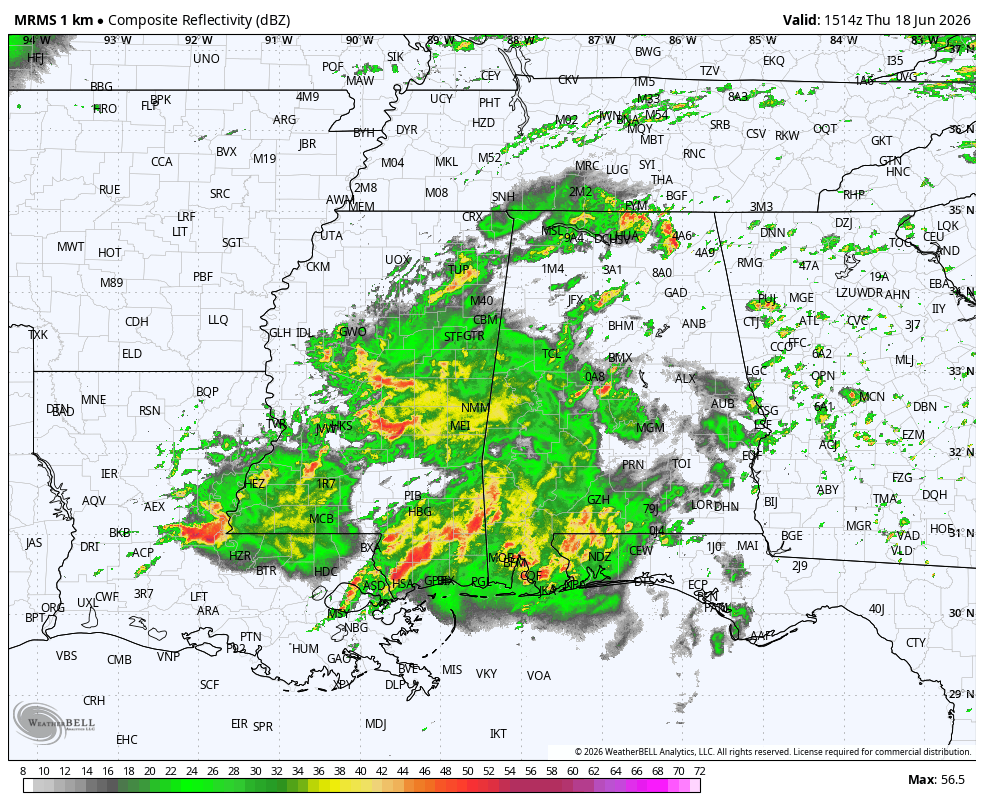 spann's tweet photo. MORE MID-MORNING NOTES: Here are some important points concerning the weather across Alabama today....

*There are no active tornado warnings in Alabama as of 10:22a CT.

*A tornado watch remains in effect for Southwest Alabama until 5p CT. The watch will likely be extended eastward into the eastern part of South Alabama later today.

*Tornadoes with tropical systems like this are usually short lived and low topped. Providing warnings for them is difficult, if not impossible. It pretty much a game of "whack a mole". Just be aware of this today. Alabama is served by four different NWS offices, and they all have a somewhat different philosophy when it comes to handling situations like this.

But just know that a brief tornado could get down today in a few spots with no warning. And, in many cases by the time a tornado warning is issued, the tornado has already dissipated.

*Flooding is the primary concern, and mainly over the southern half of the. Some spots could see over 5 inches of rain. A few 10 inch totals are possible over Mobile and Baldwin counties. A flood watch is in effect for the southern 2/3 of the state, basically from I-20 south.

*Watch the Alabama Weather Network for live coverage.