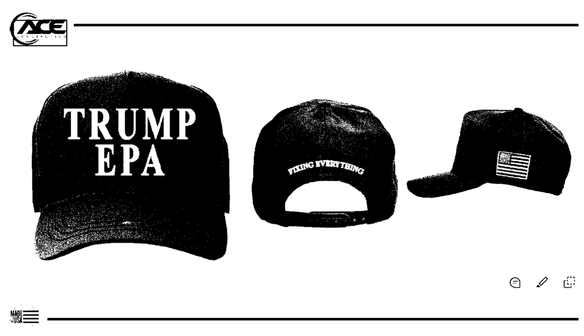 KevinBogardus's tweet photo. I looked into the origin story of Administrator Lee Zeldin's TRUMP EPA hat
Emails I got under #FOIA show:
- costs $17.50
- bought with personal funds
- EPA wanted to give one to Trump
- perhaps made by Trump's MAGA hat supplier
#FOIA4eva https://t.co/OZDfF43gnC