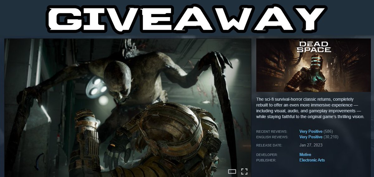 DeadSpace4DBD's tweet photo. I'm doing a giveaway for a Steam copy of the Dead Space Remake to support the community!

Winner will be chosen randomly on the 20th!

To enter, retweet this tweet and reply with proof of you tweeting about wanting a DBD x Dead Space collab. If you @ EA or BHVR... BE RESPECTFUL! https://t.co/UPAmBWHEBc