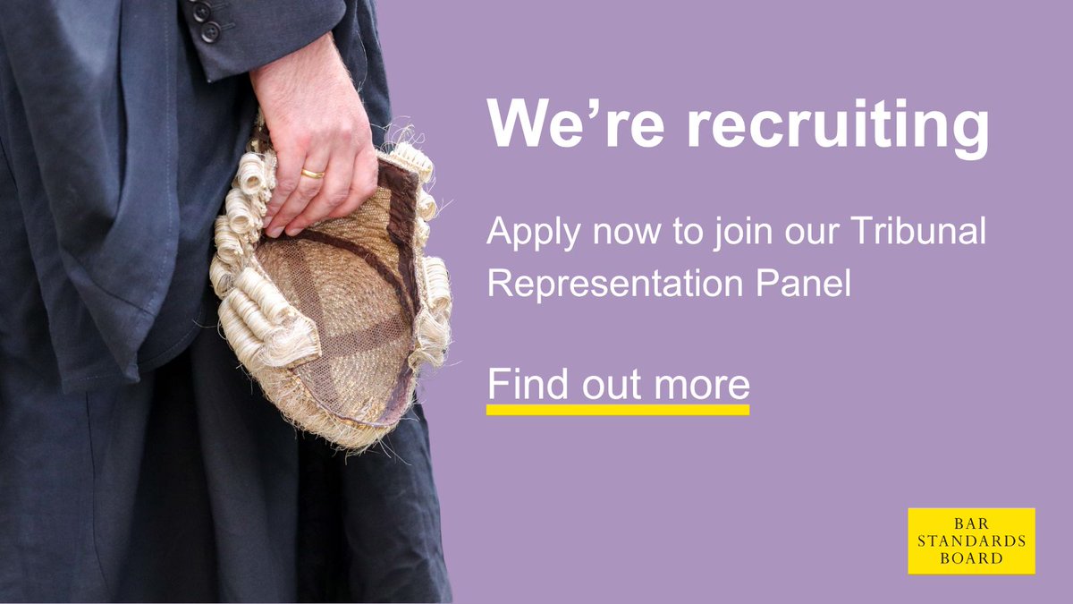barstandards's tweet photo. We are expanding the panel of those who represent us at Tribunals and other hearings which are part of our processes. 

Successful applicants should have no record of disciplinary findings.

🔗 Learn more: https://t.co/4s0ckl5Yew

#LegalJobs #Barristers https://t.co/xwAnzNN1Jz
