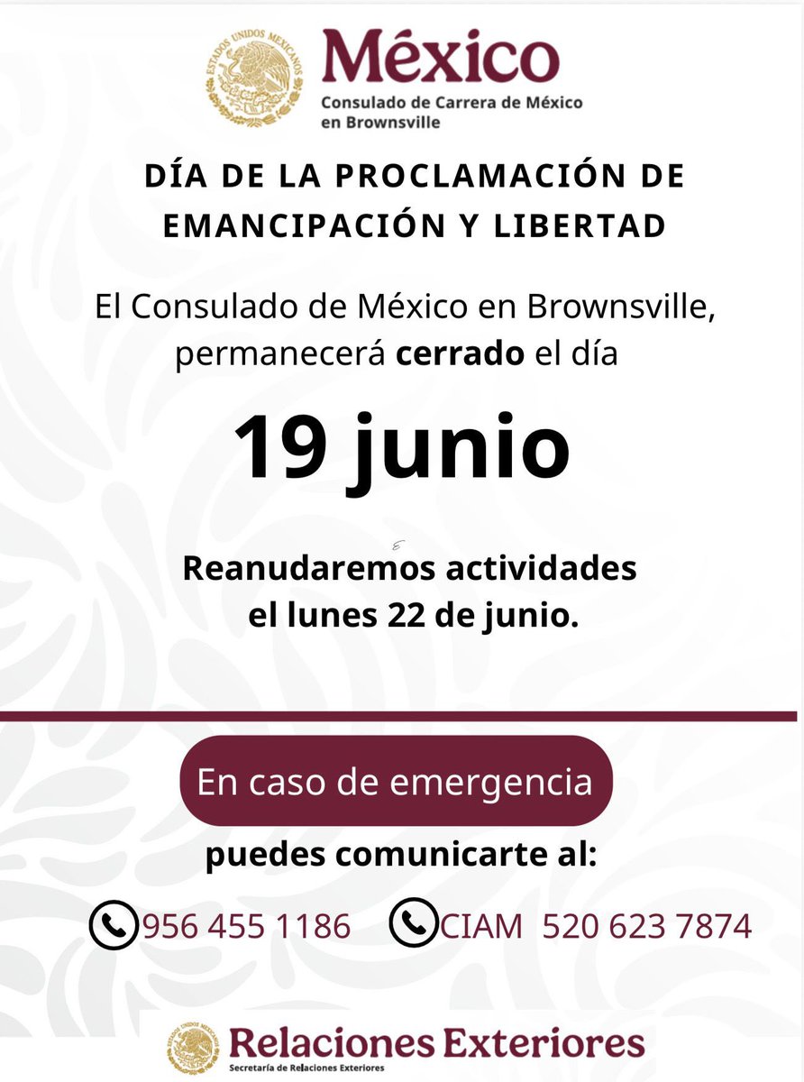 ConsulMexBro's tweet photo. El @ConsulMexBro recuerda a nuestra comunidad que mañana 19 de Junio, esta oficina permanecerá cerrada y regresaremos el lunes 22 de junio.

Ante emergencias dentro de los Condados Cameron, Willacy y Kenedy podrás marcar al 956-455-1186 

De lo contrario al #CIAM al 520- 623-7874 https://t.co/hYrZxiokns