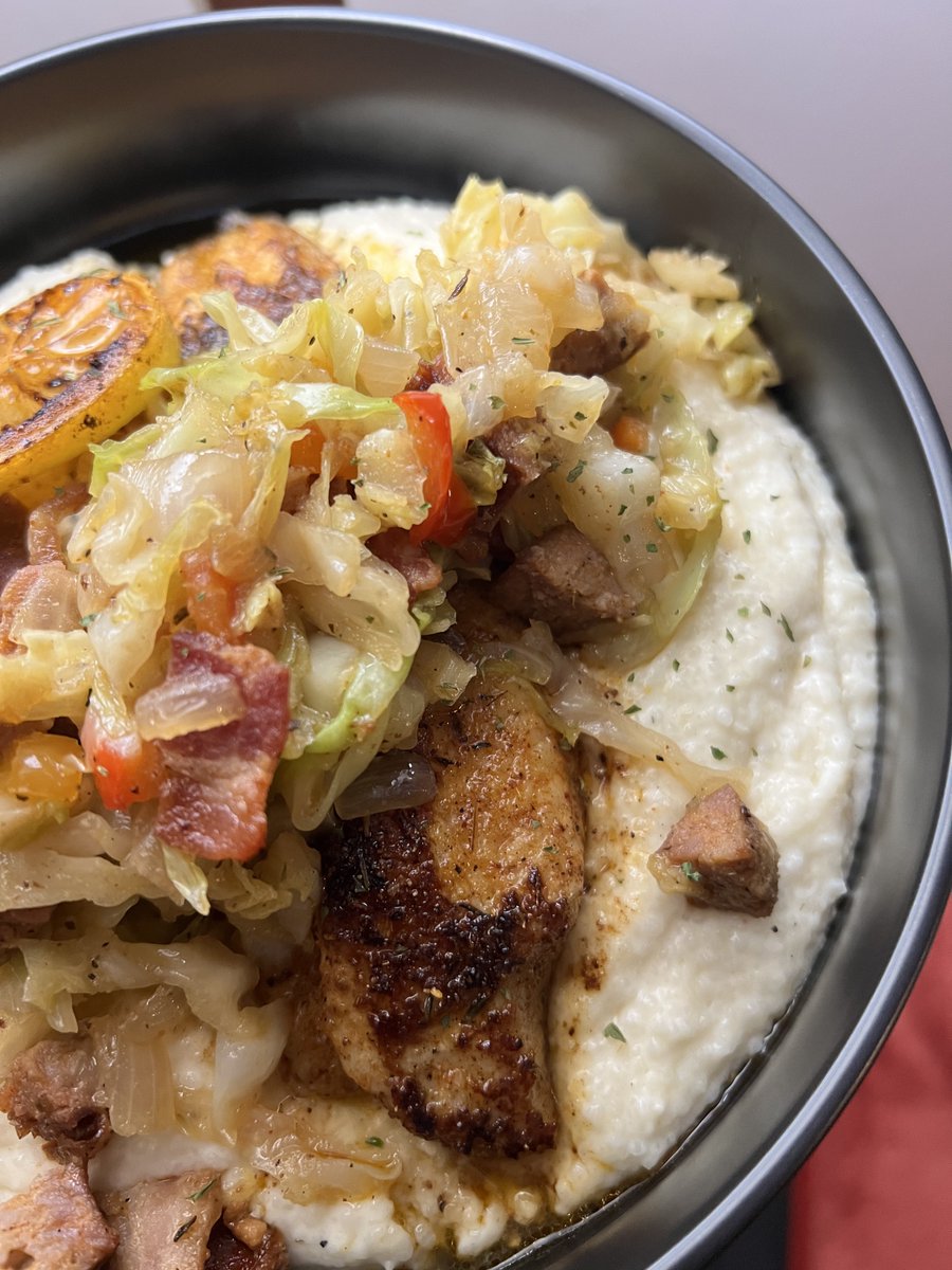 Certifiedd_'s tweet photo. For my visual learners: 
 
a twist on the beloved brunch dish. 
Blackened Catfish w/ smoked Asiago &amp; Parmesan cheese grits and fried cabbage. 

The Southern Bayou. https://t.co/5oC18rYNFo