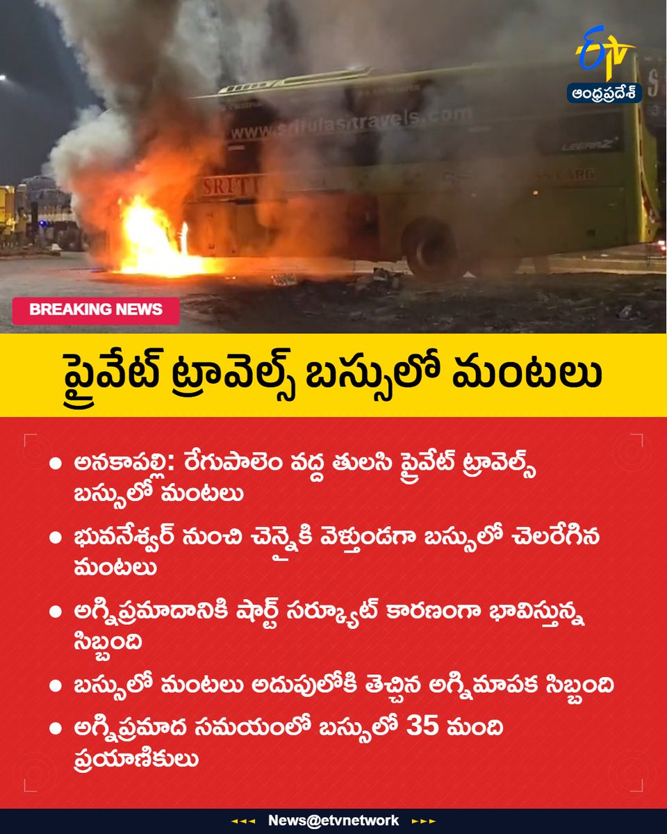 etvandhraprades's tweet photo. ప్రైవేట్ ట్రావెల్స్ బస్సులో మంటలు
For More LIVE Updates Click This Link
https://t.co/eltbdVshne
#TulasiPrivateTravelsbus
#Fireerupts
#Shortcircuit
#35passengers
#Regupalem
#Etvapbreaking https://t.co/cswUZhMaha