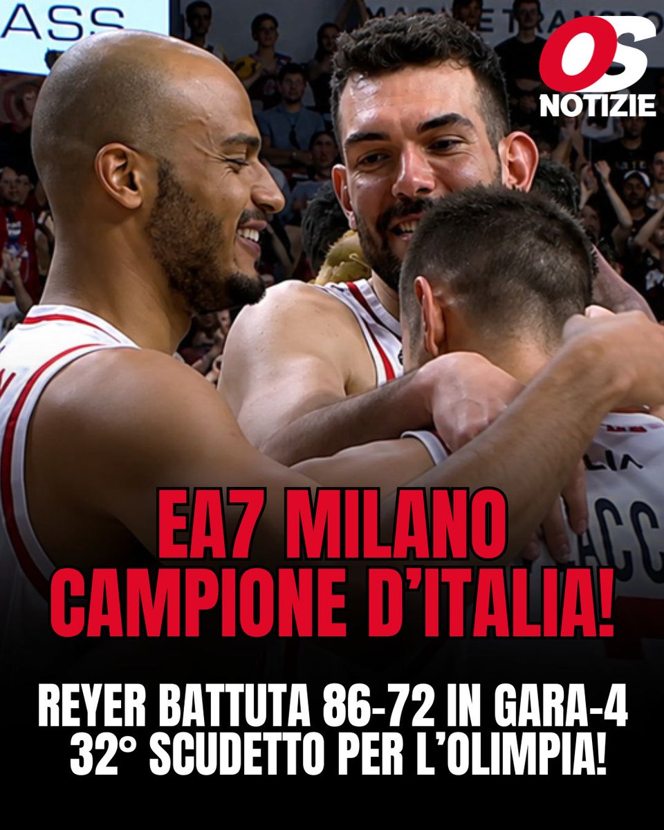 OggiSportNotiz2's tweet photo. #OlimpiaMilano è campione d’Italia! 🏆

#EA7Milano batte #ReyerVenezia 86-72 in gara-4 e conquista il 32° #scudetto.

Milano completa il triplete:
🏆 #Supercoppa
🏆 #CoppaItalia
🏆 Scudetto

https://t.co/XXmJuPo7bA
.
Chi è stato #MVP della serie? 👇 https://t.co/YxW8jBg41q