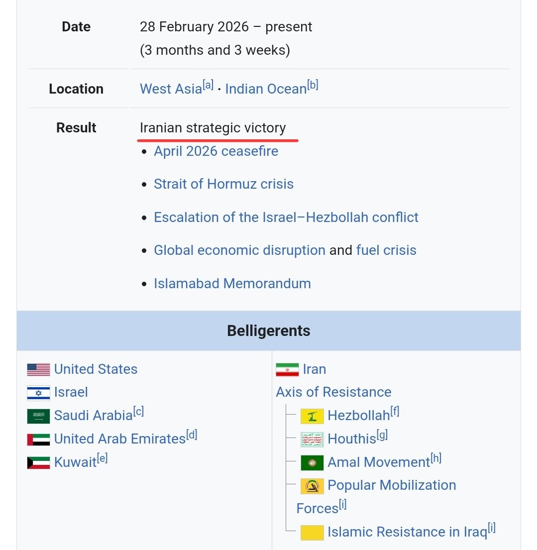 aleksthgrt's tweet photo. 🚨 Wikipedia shows Iran as the winner of a war between Iran and the US. https://t.co/LQkHBQg5z0