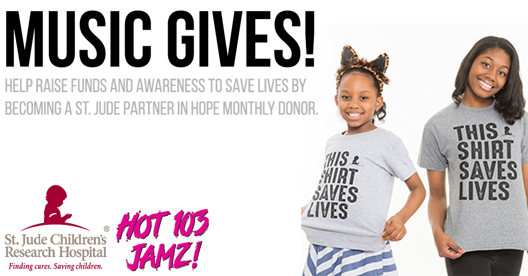 Hot103Jamz's tweet photo. Hot 103 Jamz supports St. Jude Children's Research Hospital!  Help us finish out our last broadcast day of Radio Cares for St. Jude Kids!  Families never receive a bill from St. Jude for treatment, travel, housing or food.  Become a Partner in Hope by pledging $19 a month to kids fighting cancer! Text JAMZ to 626262 or visit https://t.co/jIuomvzaSL. #musicgives #stjude #hot103jamz