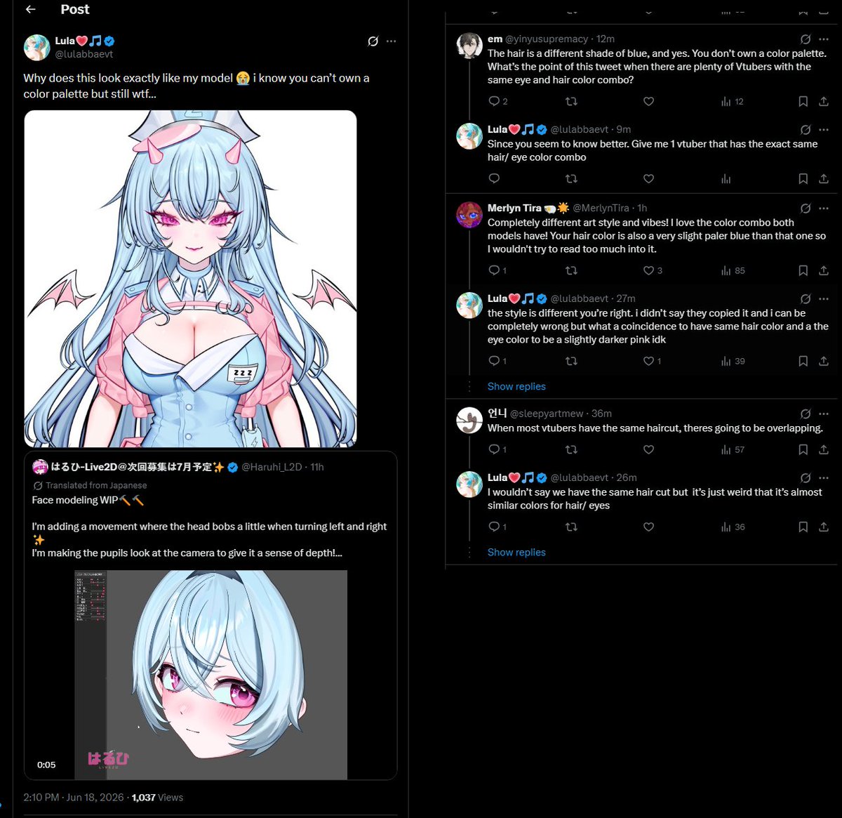 Tigrakat_VT's tweet photo. Zam this person is a vtuber red flag 
Watch out guys! We can't have blue hair and pink eyes! Only they can! 
So retarded
And deleting the post, nah ur a psycho
#vtuber https://t.co/E4yAa5KtRD
