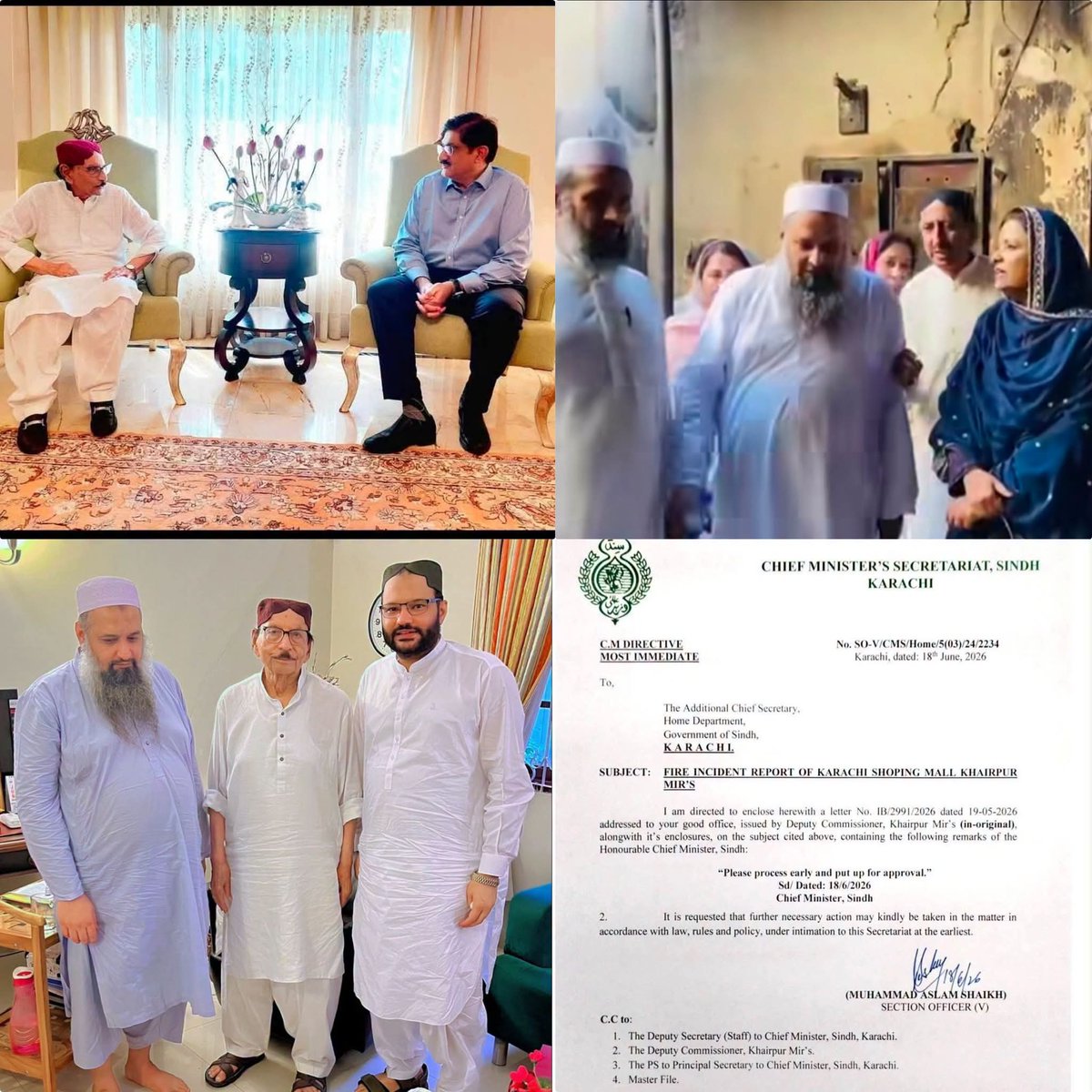banbhan_raza's tweet photo. وزیراعلیٰ سندھ سید مراد علی شاہ نے پاکستان پیپلز پارٹی کے سینئر رہنماء اور سابق وزیراعلیٰ سندھ سید قائم علی شاہ جیلانی کی رہائش گاہ جیلانی ہاؤس کراچی پہنچ کر ملاقات کی.

ملاقات کے دوران موجودہ سیاسی صورتحال سمیت مختلف امور پر تفصیلی تبادلہ خیال کیا گیا۔

اس موقع پر کراچی کلاتھ شاپنگ سینٹر میں حالیہ شدید آتشزدگی کے واقعے پر تفصیلی گفتگو کی گئی۔ 

سابق وزیراعلیٰ سندھ سید قائم علی شاہ جیلانی کو چند روز قبل شاپنگ سینٹر کے مالکان کی جانب سے واقعے کی تفصیلات تحریری طور پر فراہم کی گئی تھیں۔

پیپلز پارٹی کی مرکزی رہنما اور رکن قومی اسمبلی ڈاکٹر نفیسہ شاہ نے بھی متاثرہ شاپنگ سینٹر کا دورہ کیا تھا اور مالکان کو مکمل تعاون کی یقین دہانی کرائی۔

وزیراعلیٰ سندھ نے متعلقہ حکام کو ہدایت کی ہے کہ کراچی شاپنگ مال، خیرپور میرس میں آتشزدگی کے واقعے کی رپورٹ فوری طور پر تیار کر کے پیش کی جائے۔
@MuradAliShahPPP @ShahNafisa @Asad_Ashah