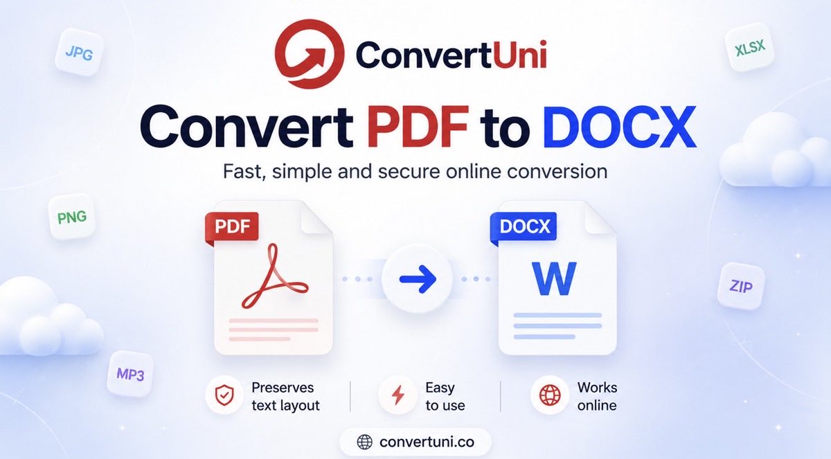 convertuni's tweet photo. Need to convert a PDF to Word?

Convert PDF files to editable DOCX online with ConvertUni — fast, simple and secure.

Preserve text layout, edit your document, and work directly in your browser.

🔗 https://t.co/ovcZXGXPI4

#PDFtoWord #PDFtoDOCX #FileConverter #PDFConverter https://t.co/XH0lgln9bq