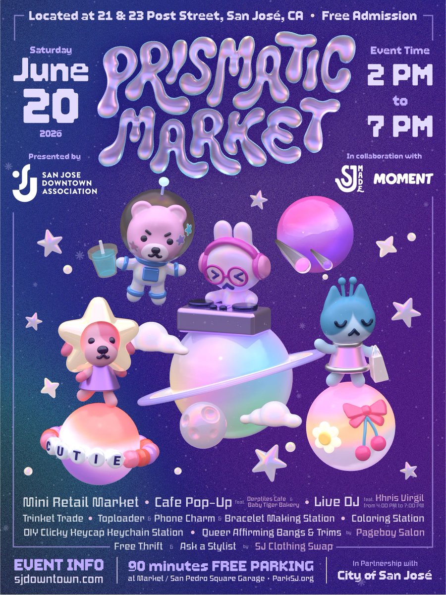 contentmag's tweet photo. Explore the @sjmade Prismatic Market in the Qmunity District!

Enjoy local artists, vendors, a live DJ, desserts, trinket trades, and more.

🗓️ Sat, 6/20 | 2–7p
📍 21 &amp; 23 Post St, Downtown SJ
🎟️ FREE Admission

Details: https://t.co/d4PNuKc2LB

#PrismaticMarket #DowntownSanJose https://t.co/PLTpiWucy0