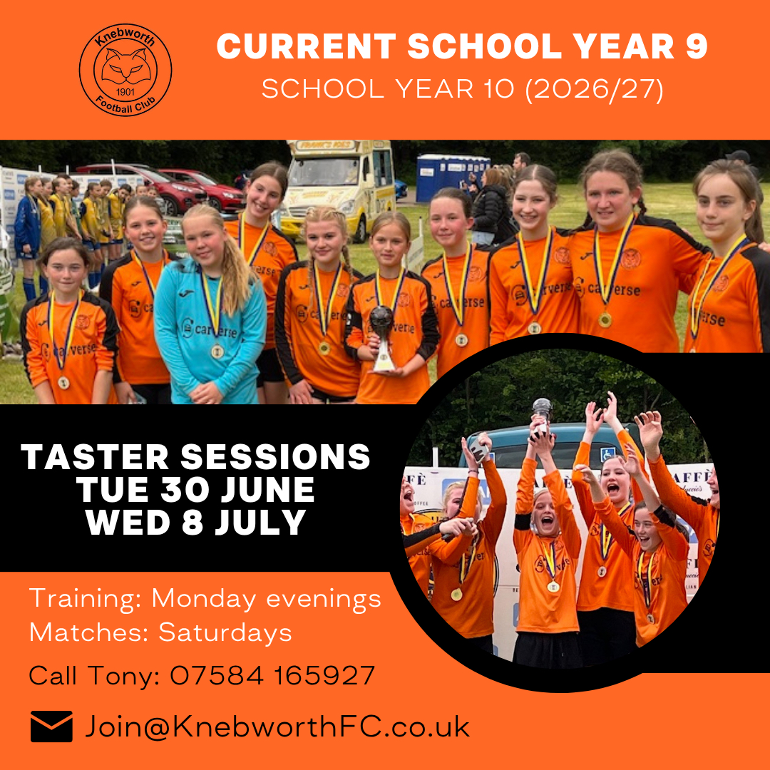 KnebFC's tweet photo. Recruiting current School Year 9 female footballers for 2026/27 season (U15s next season)⚽
Playing in Division 2 of 5 &amp; seeking players at a similarly high level.

Taster sessions: 
Tue 30 June &amp; Wed 8 July
7-8pm, Stevenage 
☎️ Tony 07584 165927
✉️ Join@KnebworthFC.co.uk https://t.co/5ox8mgkKgS